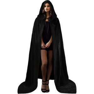 Women Witch Velvet Cloak Halloween Hooded Cape Queen King Robe Medieval Costume